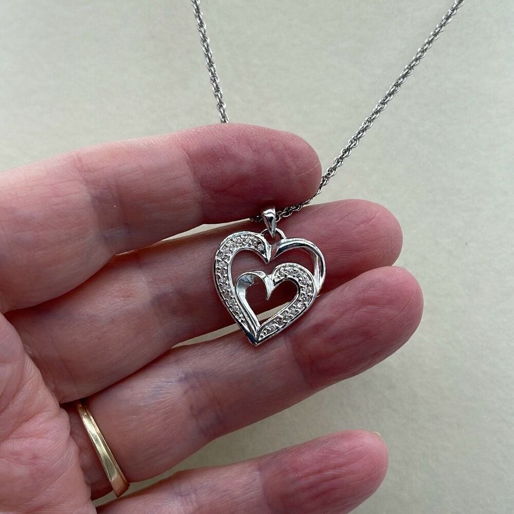 Sterling silver CZ embellished double heart necklace